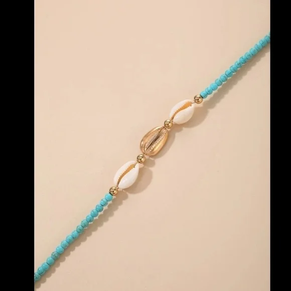 White & Gold Puka Shells accented with Mini Turquoise Beads Anklet - Picture 3 of 5